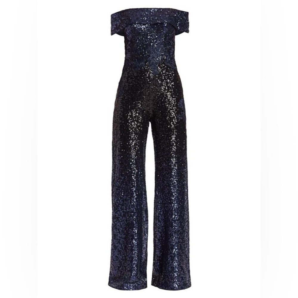 RENE RUIZ COLLECTION Off-the-Shoulder Sequin Jumpsuit wide leg navy